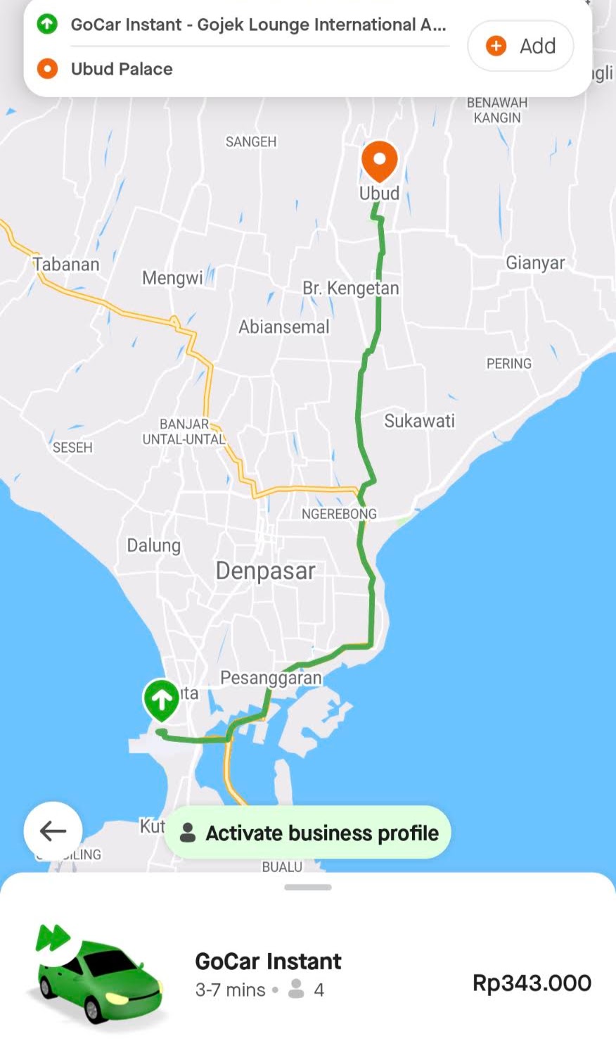 Gojekの空港からウブドへ向かう経路と料金